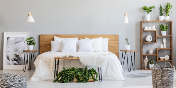 staged bedroom with houseplants throughout